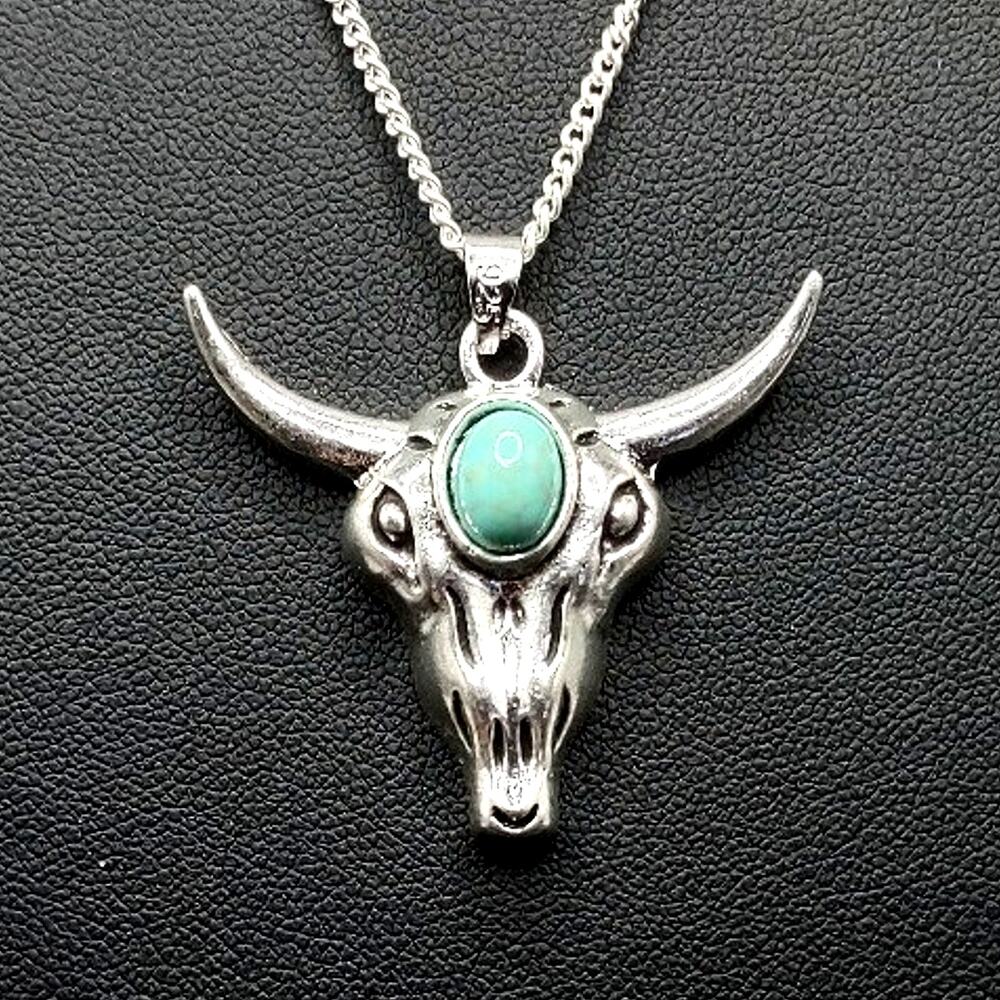 925 Silver Necklace w/ Turquoise Bull Skull Horns Pendant Unisex Vtg. Boho Gift